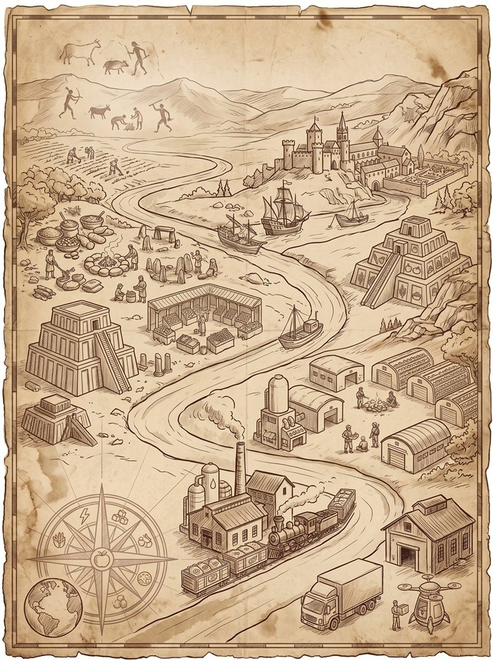 Illustrated vintage map of prehistoric foragers, ancient farming, a Bronze Age granary, and the journey of food to modern trucks and drones.