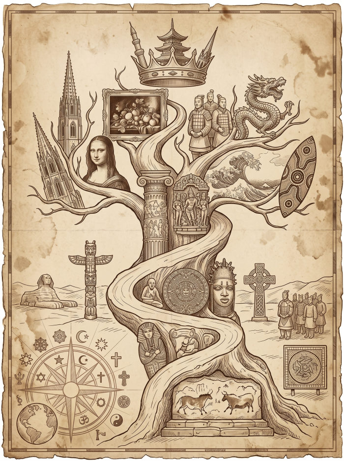 Illustrated vintage collage of the Mona Lisa, terracotta warriors, a Japanese wave print, a totem pole, the Sphinx, and prehistoric cave paintings.