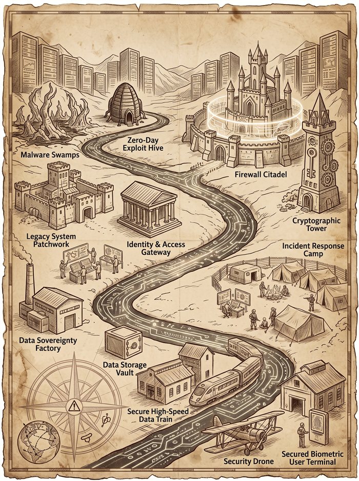 Illustrated vintage map of a Firewall Citadel, Cryptographic Tower, Zero-Day Exploit Hive, Data Storage Vault, and an Incident Response Camp.