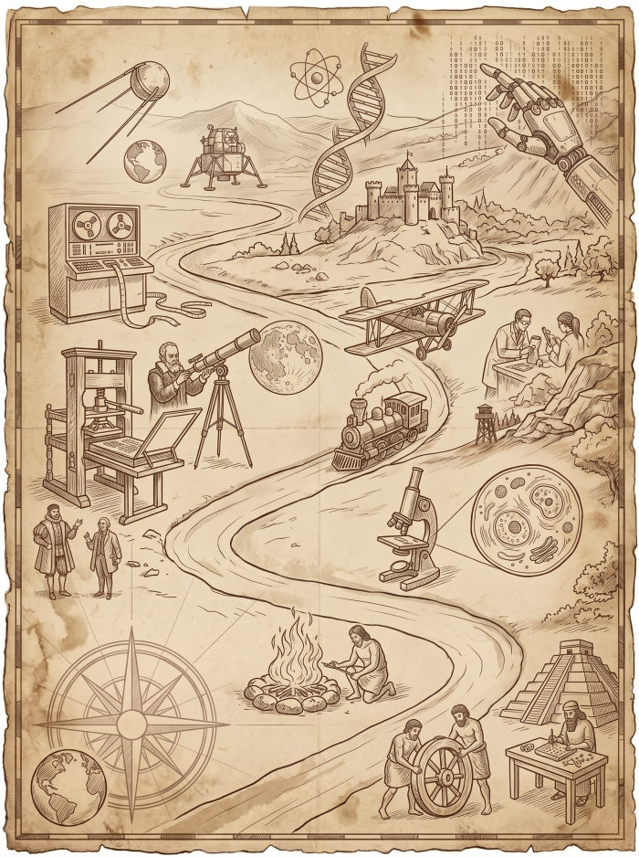 Illustrated vintage map of a satellite, a DNA helix, a robotic hand, a telescope, a printing press, an early train, and a microscope.