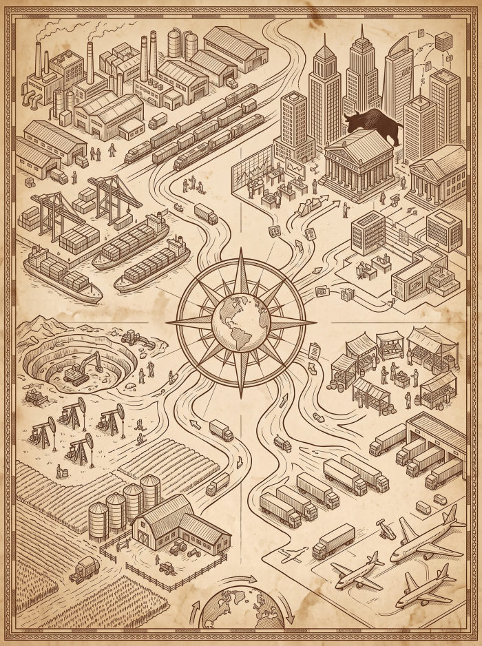 Illustrated vintage map of a stock exchange, factories, container ports, oil fields, farmland, and cargo planes connected by trade routes.