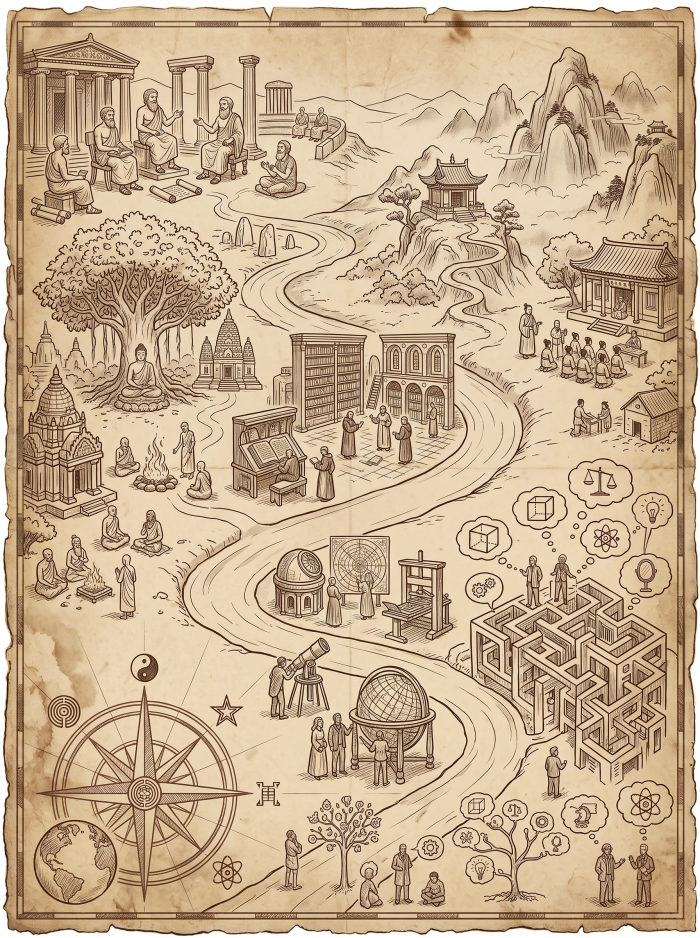 Illustrated vintage map of Greek philosophers debating, the Buddha under a tree, Chinese scholars, an observatory, and a labyrinth of ideas.