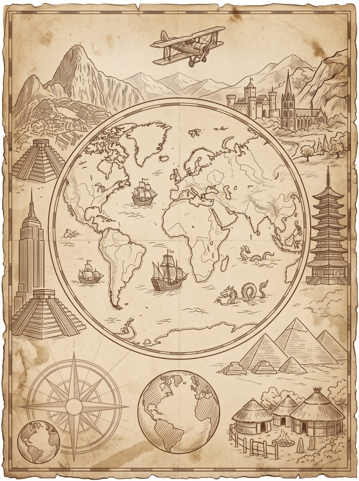 Illustrated vintage map of the world with global landmarks: Machu Picchu, Chichén Itzá, the Egyptian pyramids, a pagoda, and city skylines.