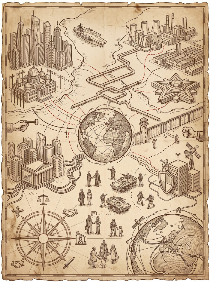 Illustrated vintage map of city skylines, factories, a globe wrapped in red dashed connections, a border wall, and a diplomatic handshake.