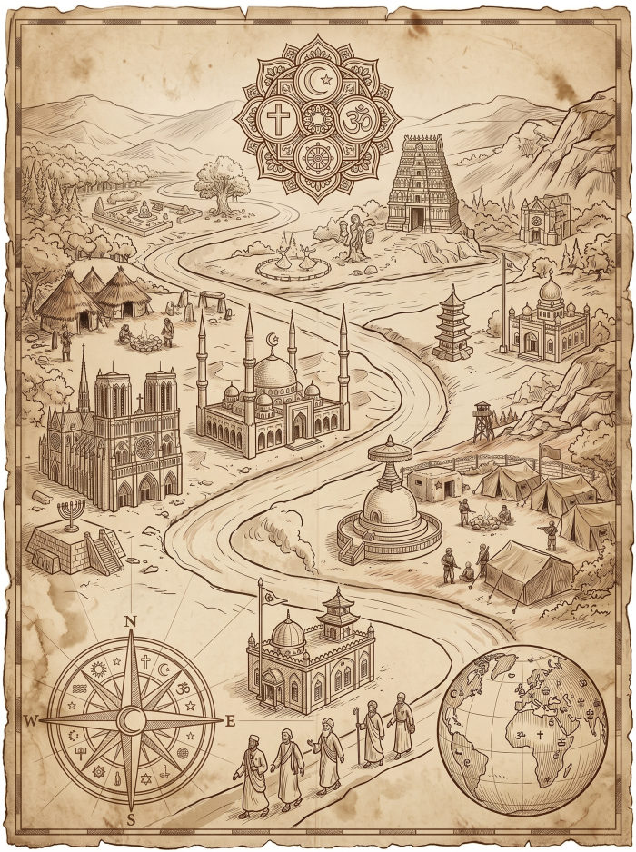 Illustrated vintage map with a mandala of religious symbols, a mosque, a cathedral, a Hindu temple, and a Buddhist stupa.