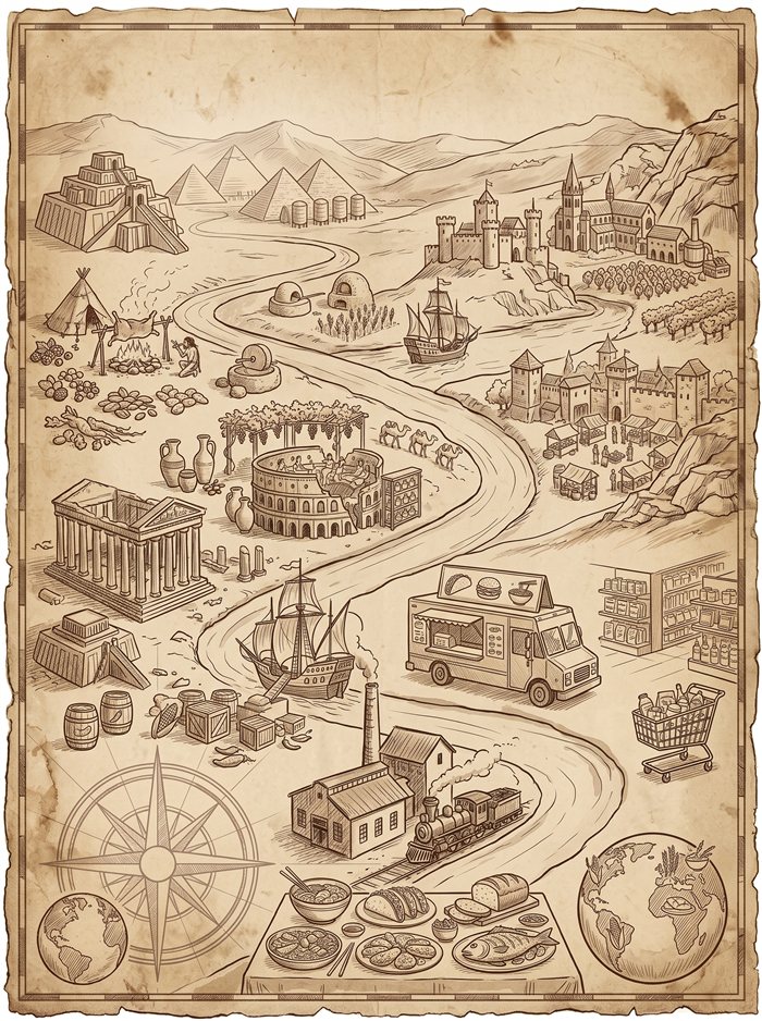 Illustrated vintage map of the Egyptian pyramids, a Roman banquet, medieval markets, tall ships carrying spices, and a modern food truck.