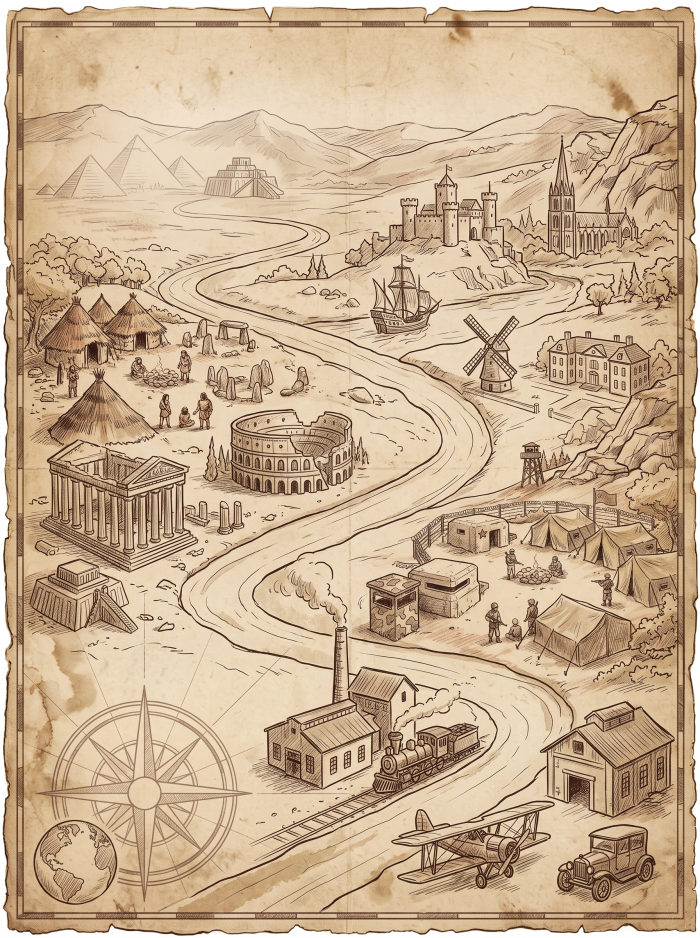 Illustrated vintage map spanning human history, from prehistoric settlements and classical temples to castles, factories, and airplanes.