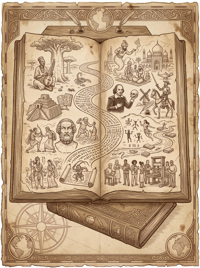 Illustrated vintage open book showing an African griot, the tales of the Arabian Nights, Shakespeare, Don Quixote, and a bust of Homer.