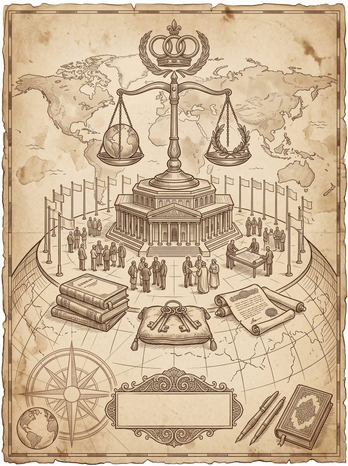 Illustrated vintage map of scales of justice over a world map, a domed assembly hall with flags, ceremonial keys, and signed treaty scrolls.