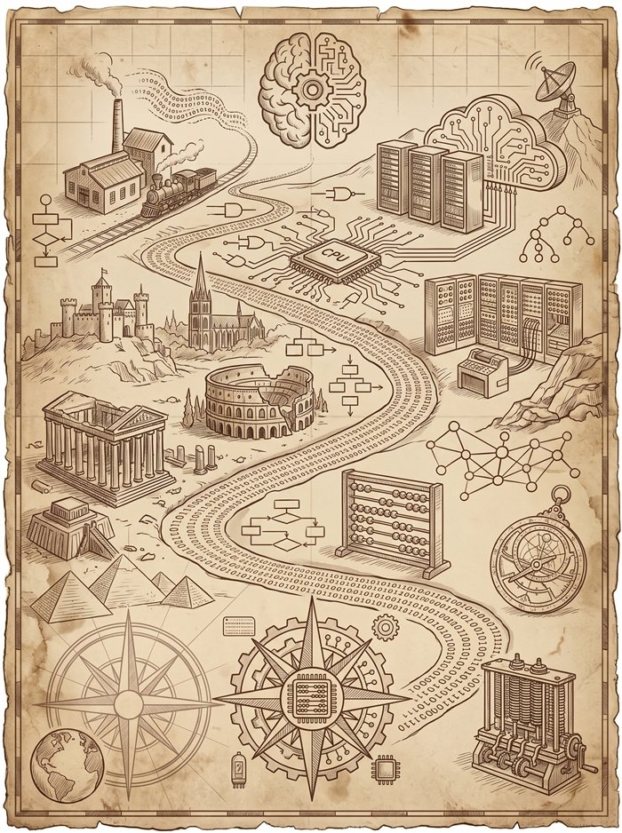 Illustrated vintage map tracing computing history from an abacus and the Babbage engine to a CPU, server racks, and a neural network.